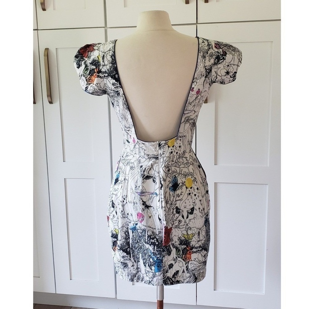 Afghan Graphic Print Puff Sleeve Mini Dress Open Back White Cotton Sz M